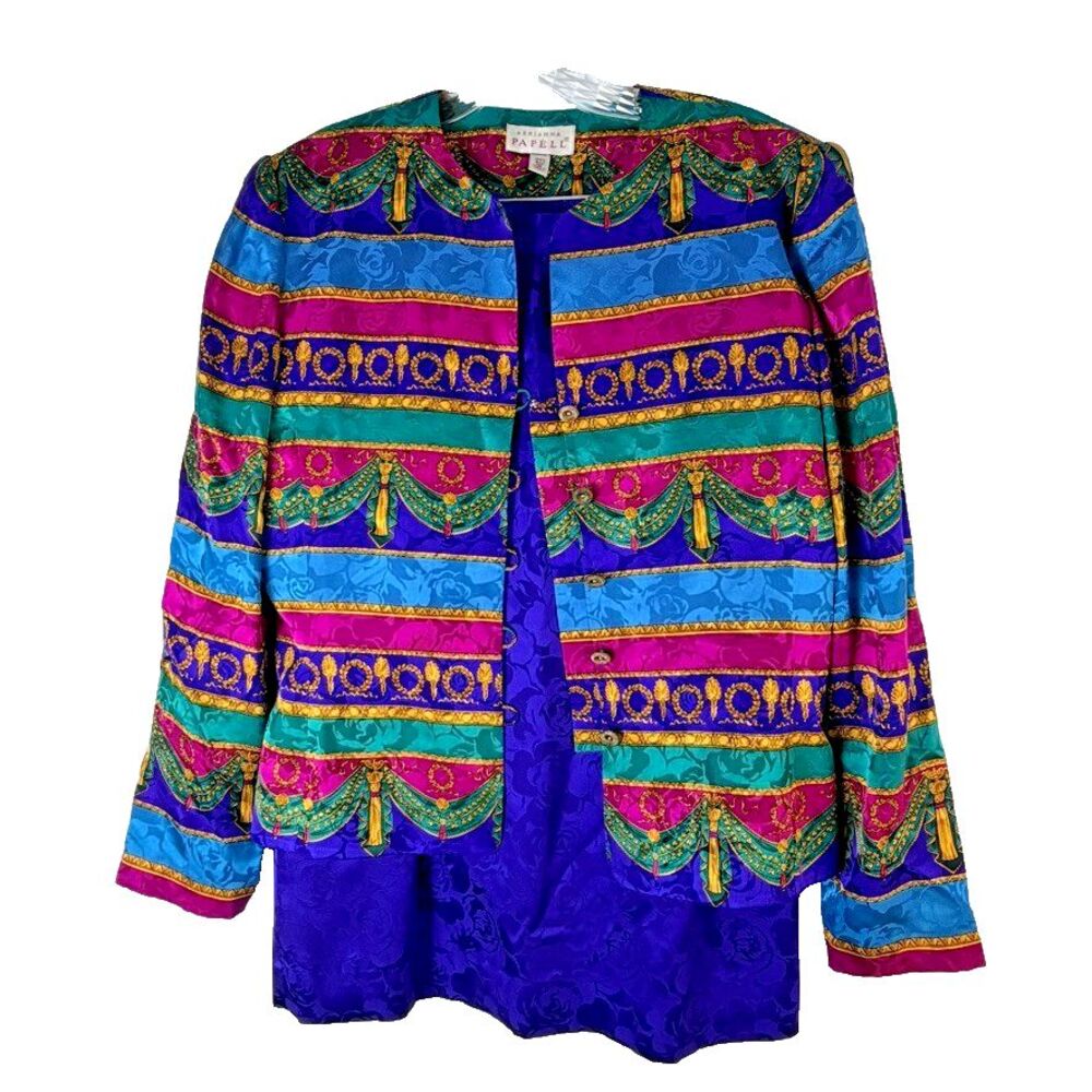 Adrianna Papell 100% Silk Skirt Suit Womens 10 Vintage Baroque‎ Maximalist Artsy